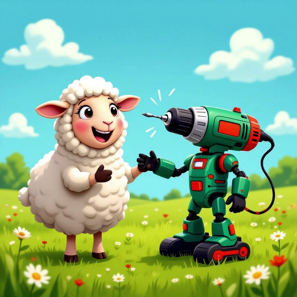 Cheerful Sheep and Drill Embrace in Cartoon Meadow