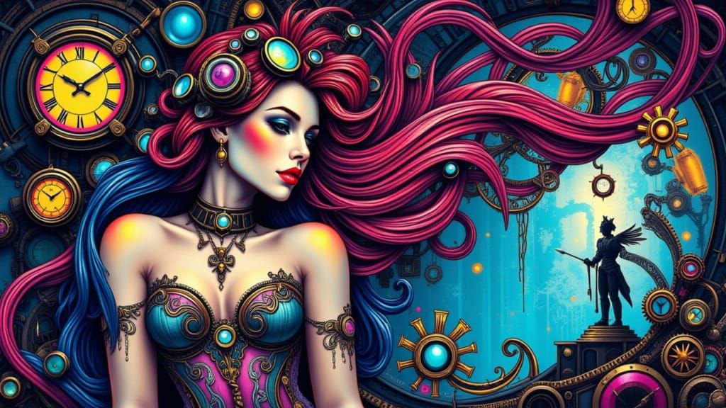 Ethereal Steampunk Goddess in Neon Hues