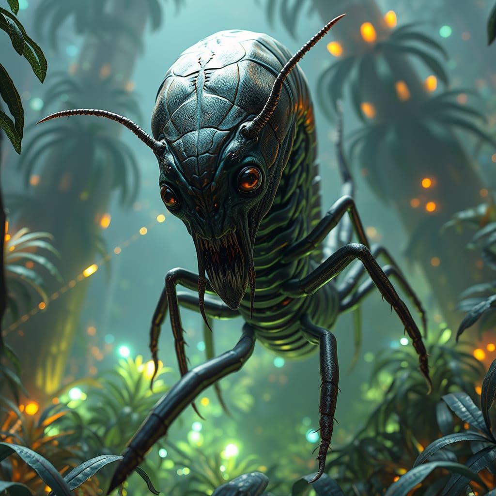 Humanoid Centipede Emerges in Bioluminescent Jungle