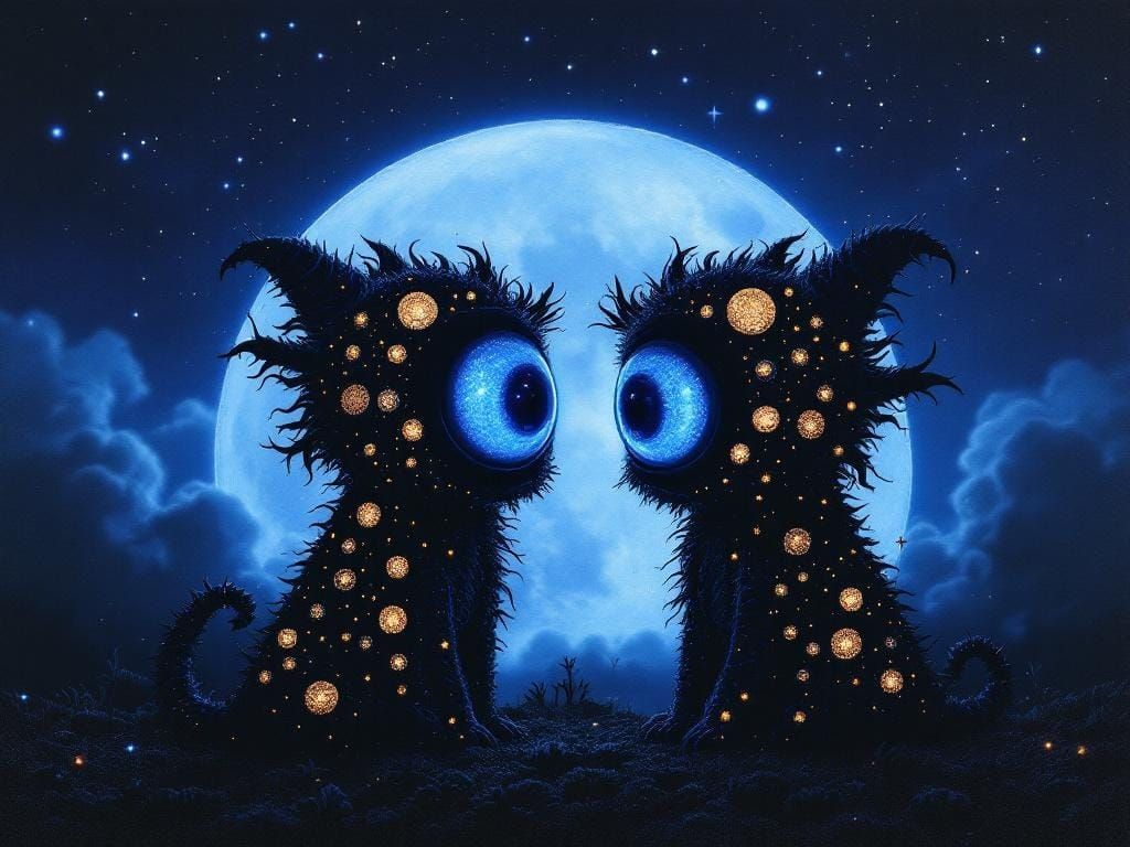 Two Shy Eyeball Hat Monsters Backlit by the Moon