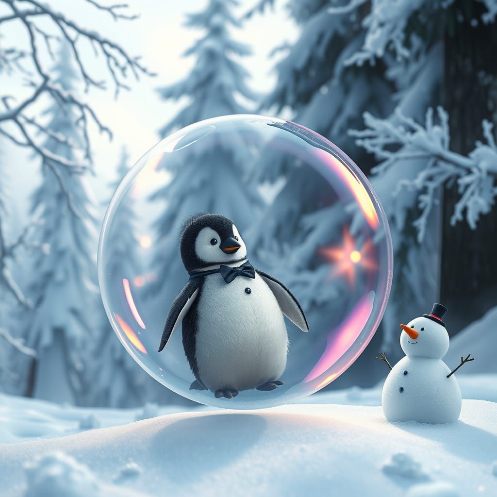 Surreal Iridescent Soap Bubble Encloses Penguin Amidst Snowy...