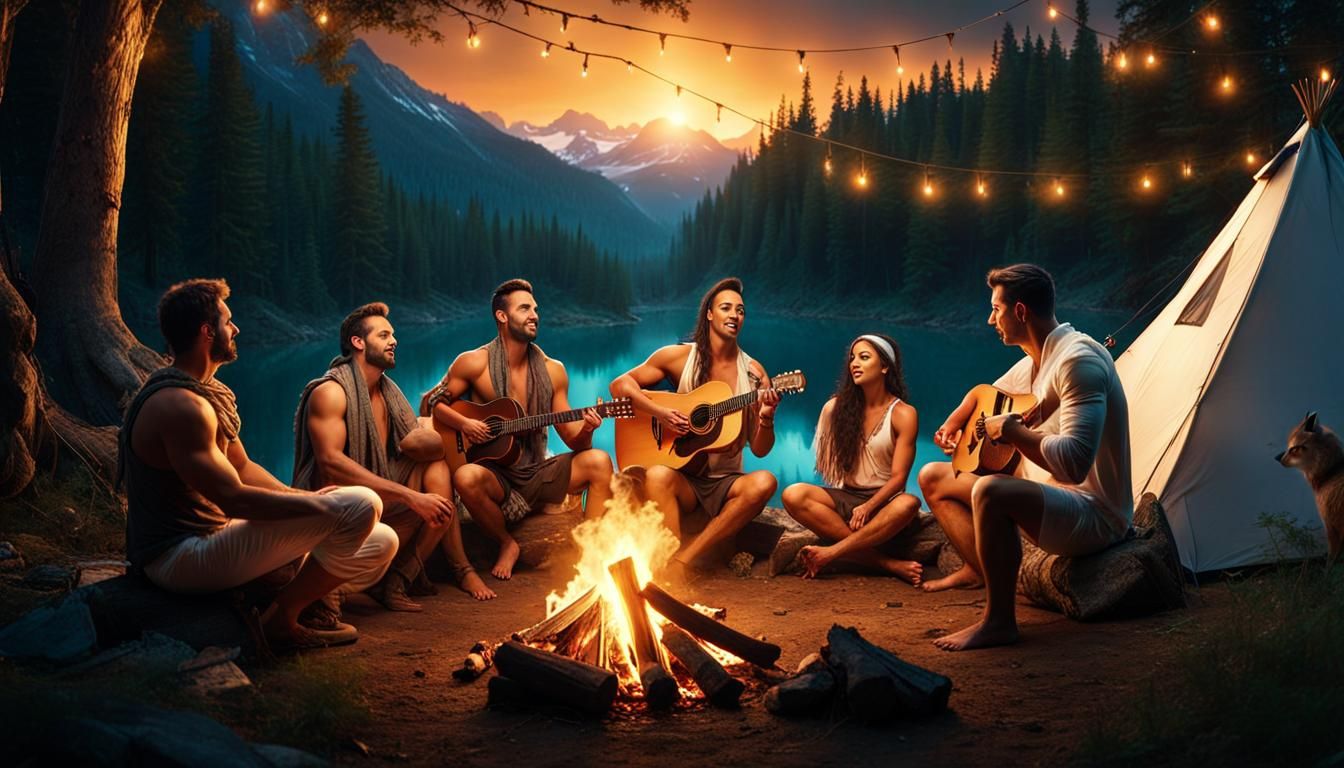 Campfire Singers with Dancer in Forest, Detailed Matte Paint...