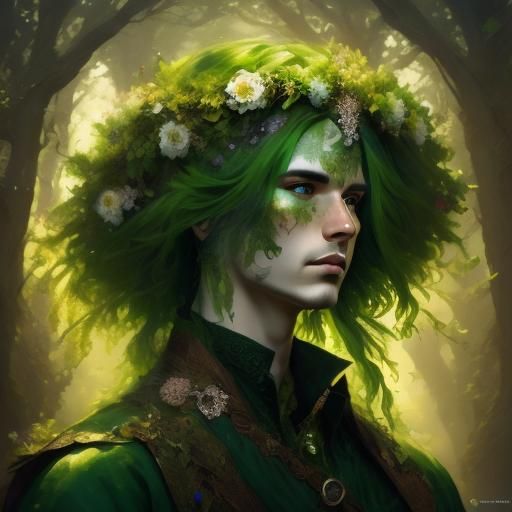 Green-Haired Forest Goddess Portrait in Hyperdetailed Fantas...