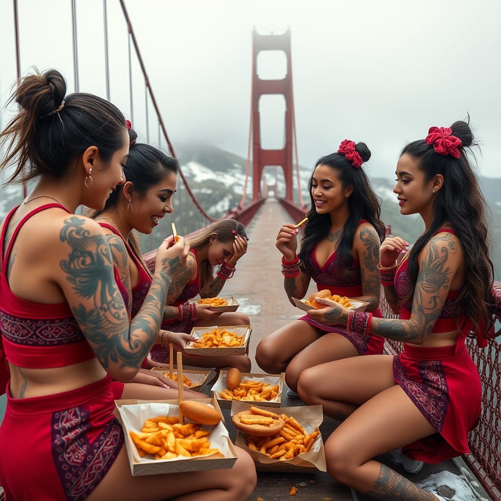 A hyper photorealistic photo of a stunning cheerleaders all covered in traditional tattoos eating street food tracks on ...