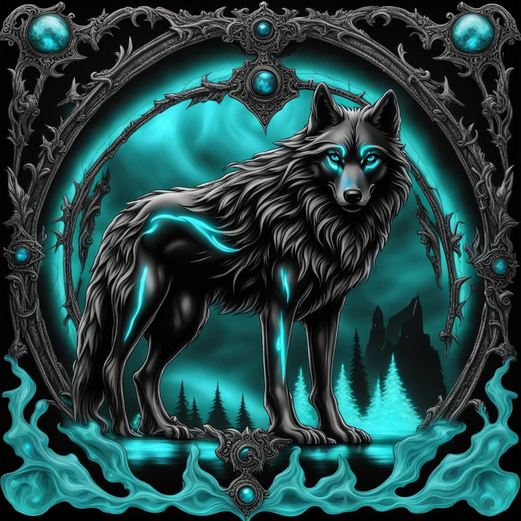 Gothic Metal Wolf Under Bioluminescent Aurora