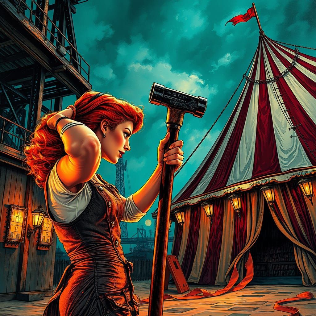 Redhead Pin-Up Erecting Circus Tent, Alcohol Ink