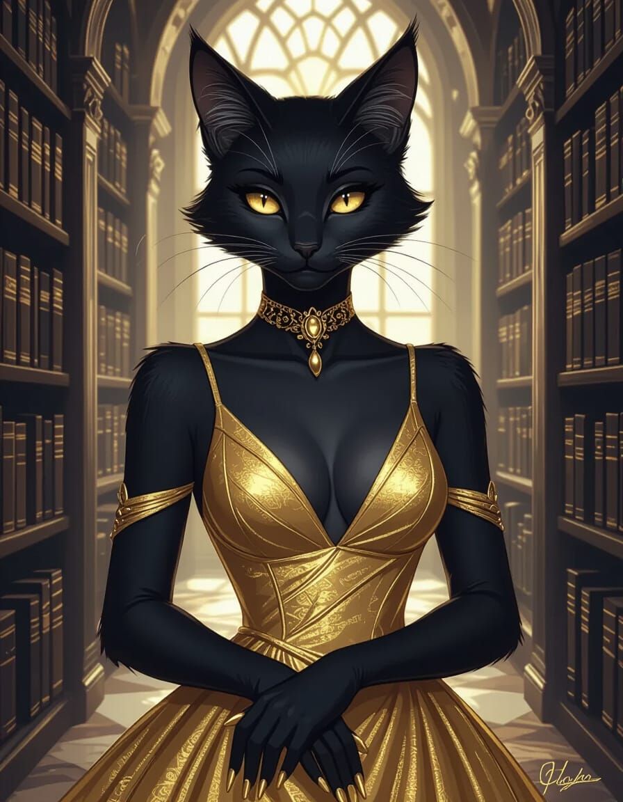 Elegant Anthro Cat in Mystical Library