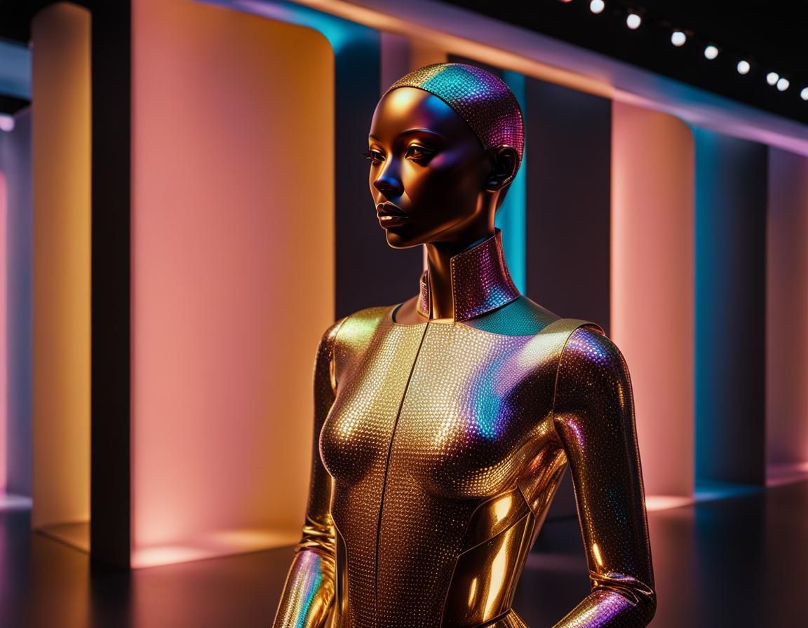 Futuristic Sculpture in Art Gallery, Hyper-Realistic Digital...