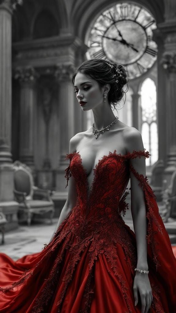 Noblewoman in Red Gown in Surreal Grayscale World