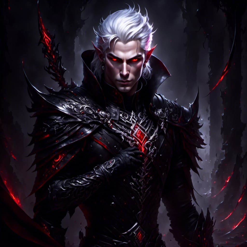 <lora:Glowing Runes:1.0> <lora:NC Hyperreal:1.0> Drow elf male hunk, white hair, red eyes, form fitting tight black clot...
