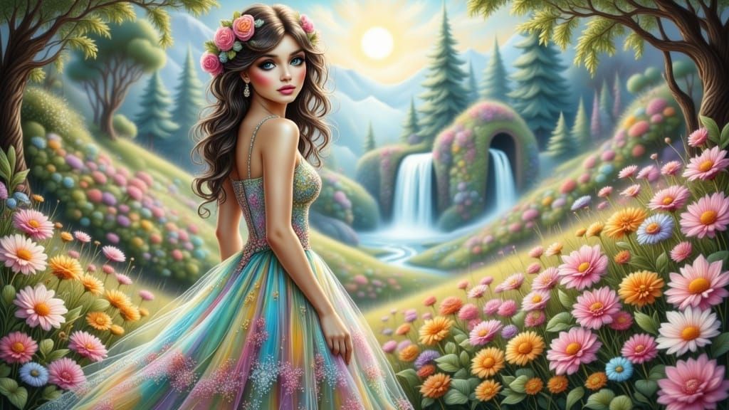 Iridescent Ice Cream Dress in Radiant Flower Field