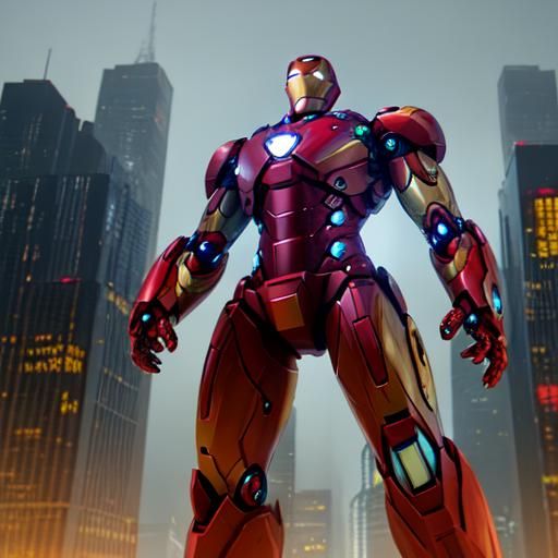 Iron Man in Futuristic Cityscape: Sci-Fi Illustration