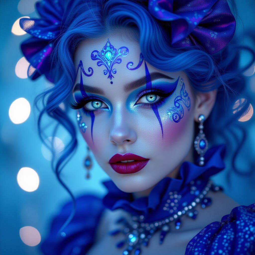 a surreal portrait of a young woman with bright blue skin an...