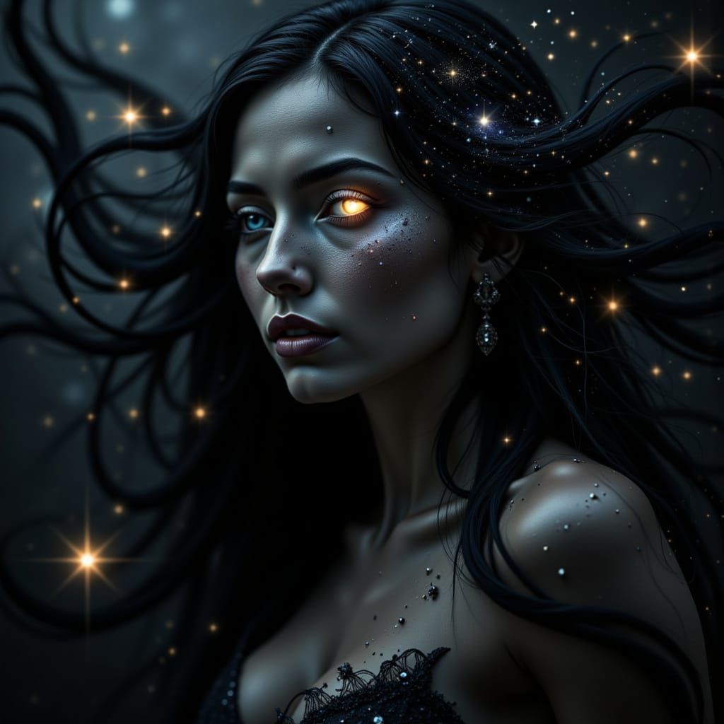 Goddess of Night Sculpted from Shadows and Stars