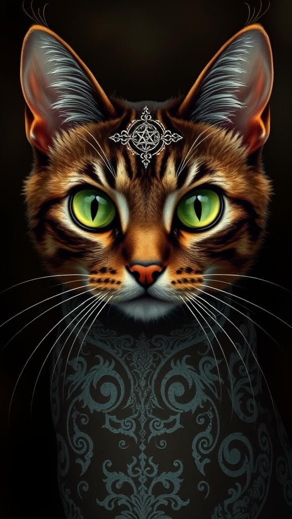 Majestic cat with striking green eyes, set against a dark al...