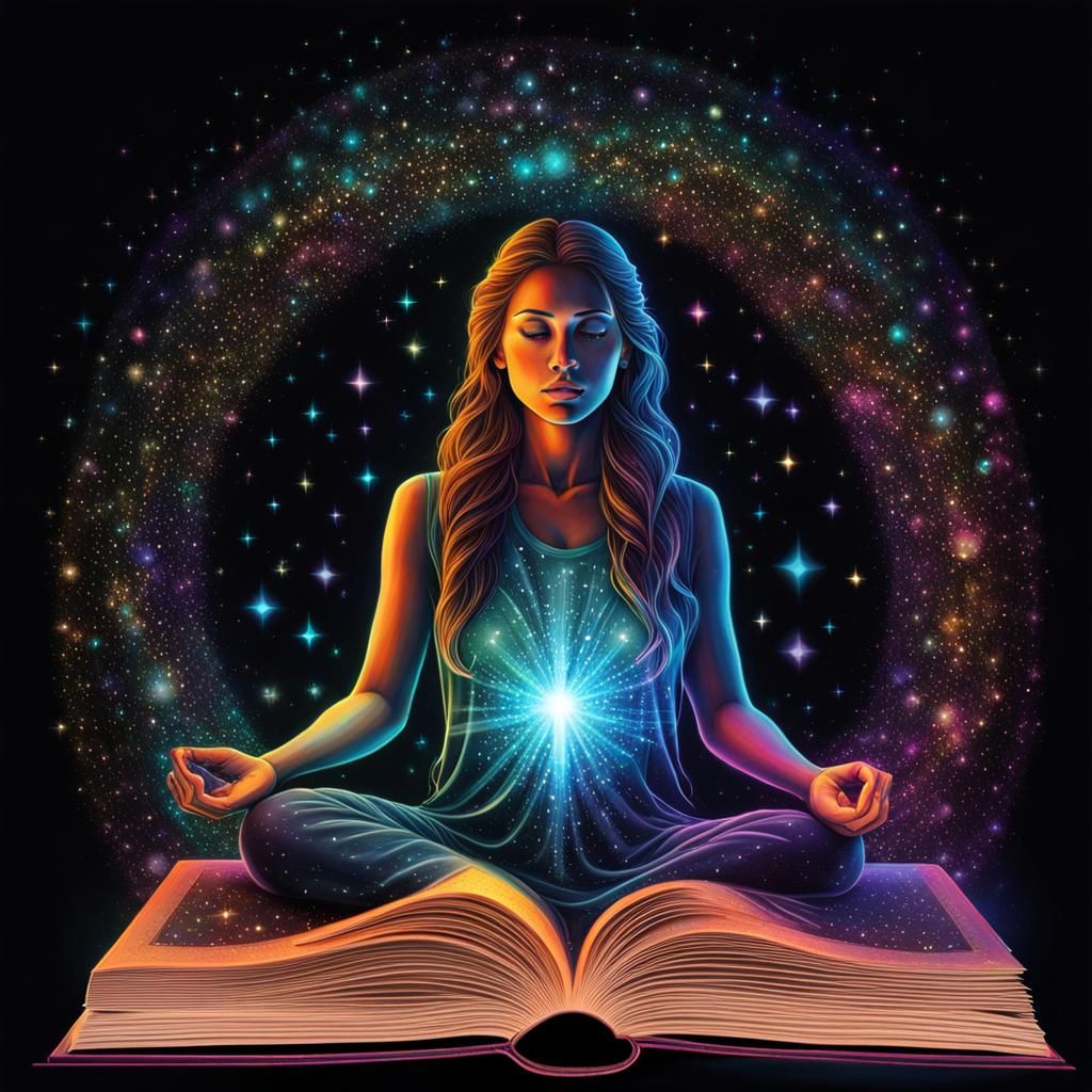 Bioluminescent Meditating Woman Projected from Open Book