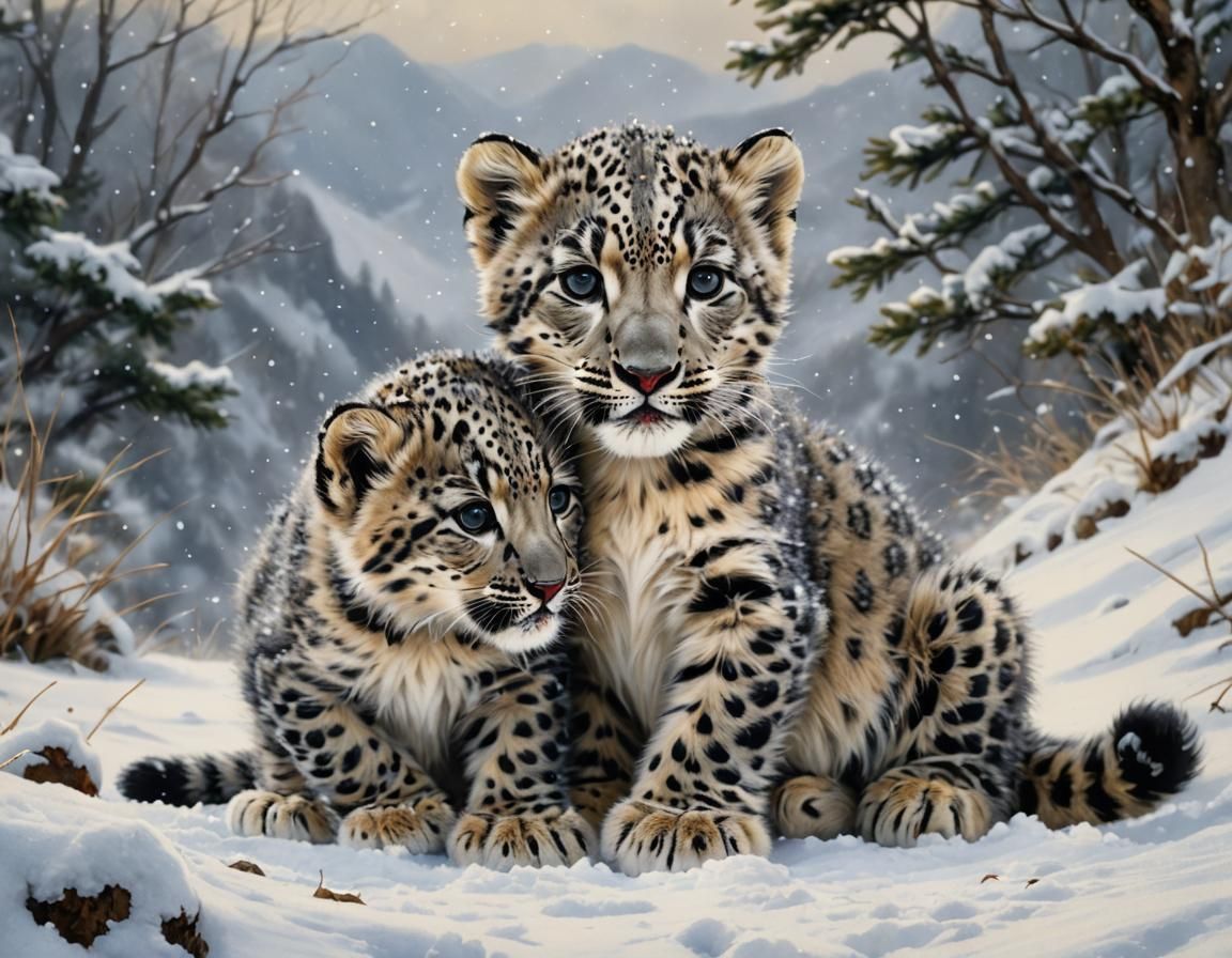 Snow Leopard Cubs Playing in Snowy Mountains