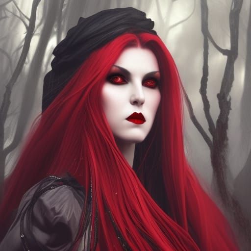 Gothic Vampire Queen in Crimson Forest, Detailed Portrait