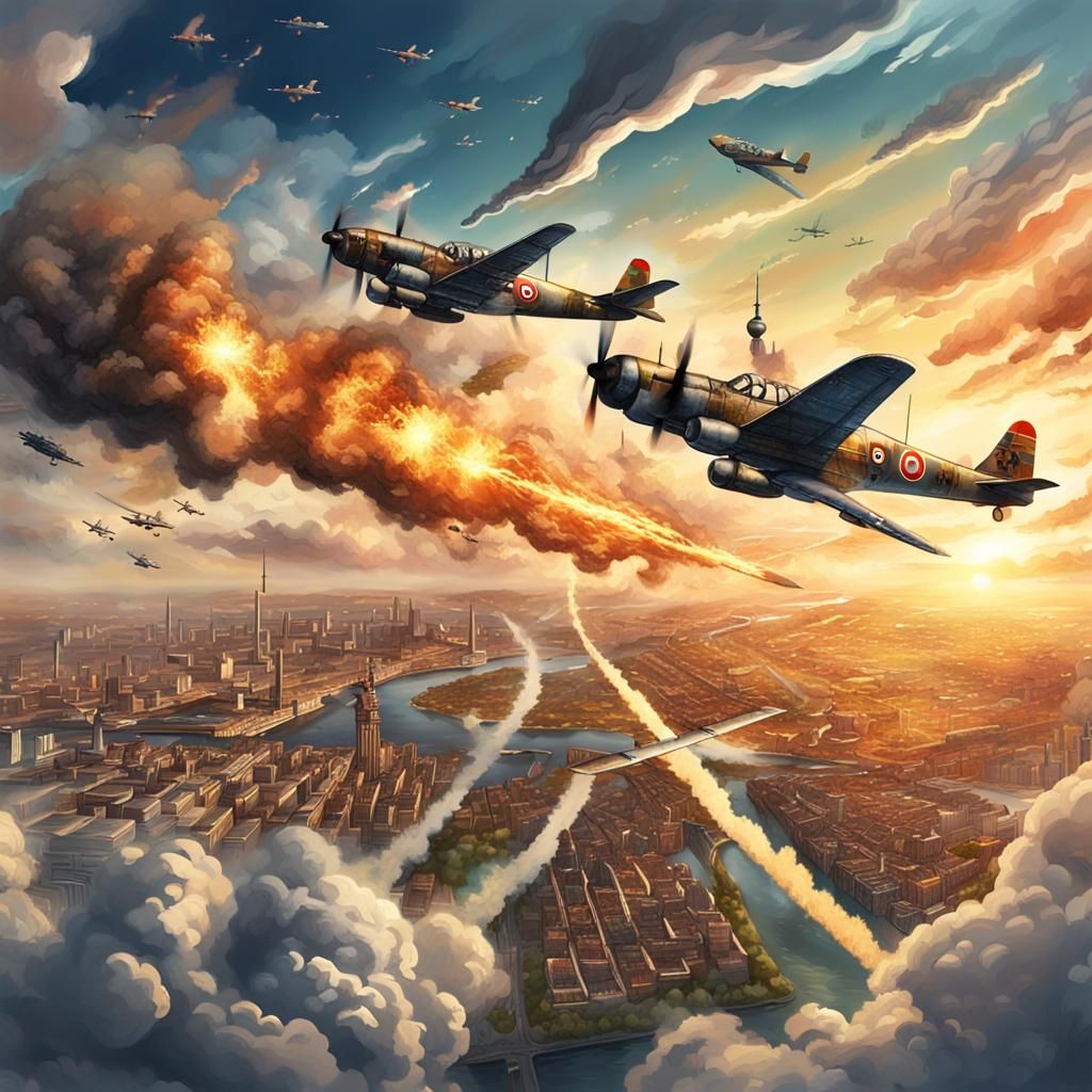 Aerial Dogfight over Berlin at Sunset