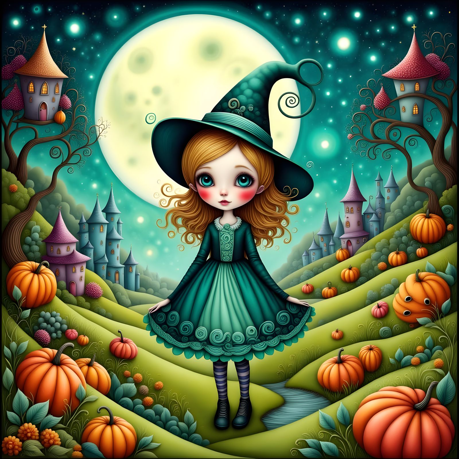 Whimsical Witch and Children in Halloween Costumes Under Sta...