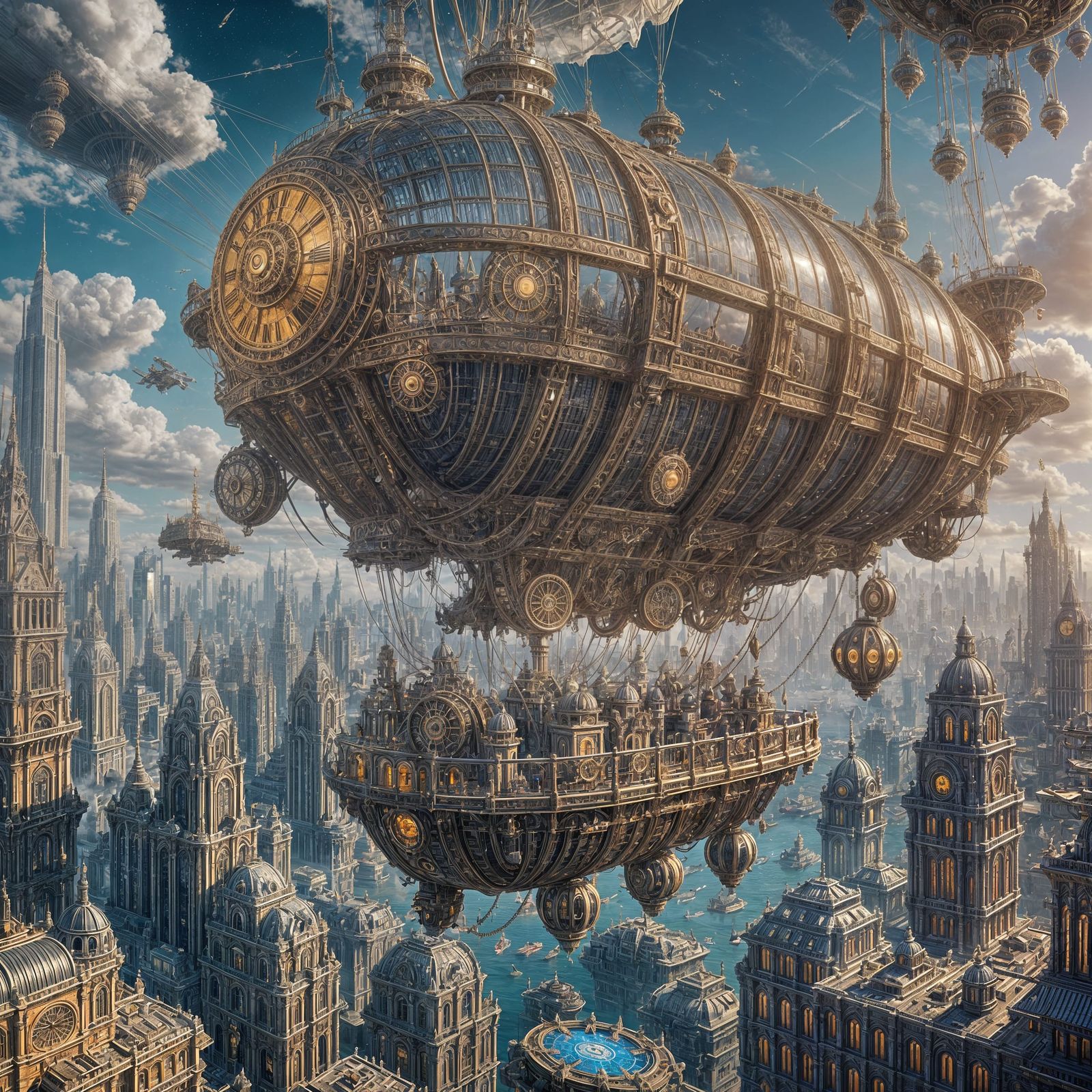 Steampunk Airship Over Futuristic City in Vivid Colors