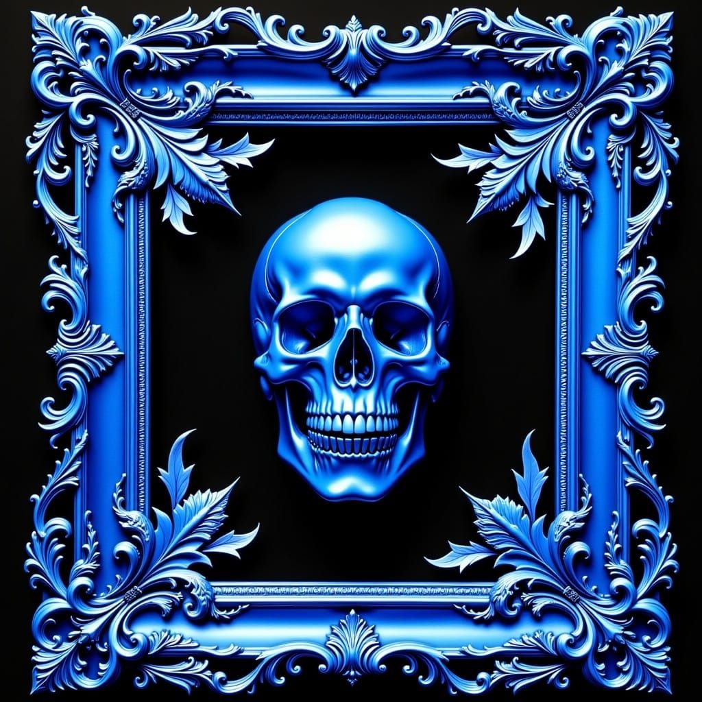 Sapphire Blue Art Nouveau Frame Adorns a Skull