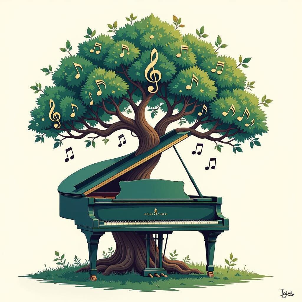 Musical Tree Emerges from Piano in Surreal Style