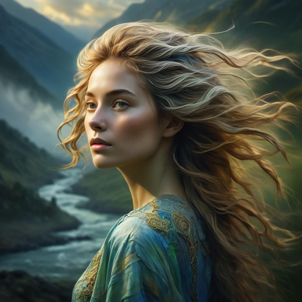 Dreamy Ethereal Portrait of a Gentle Lady near Majestic Moun...