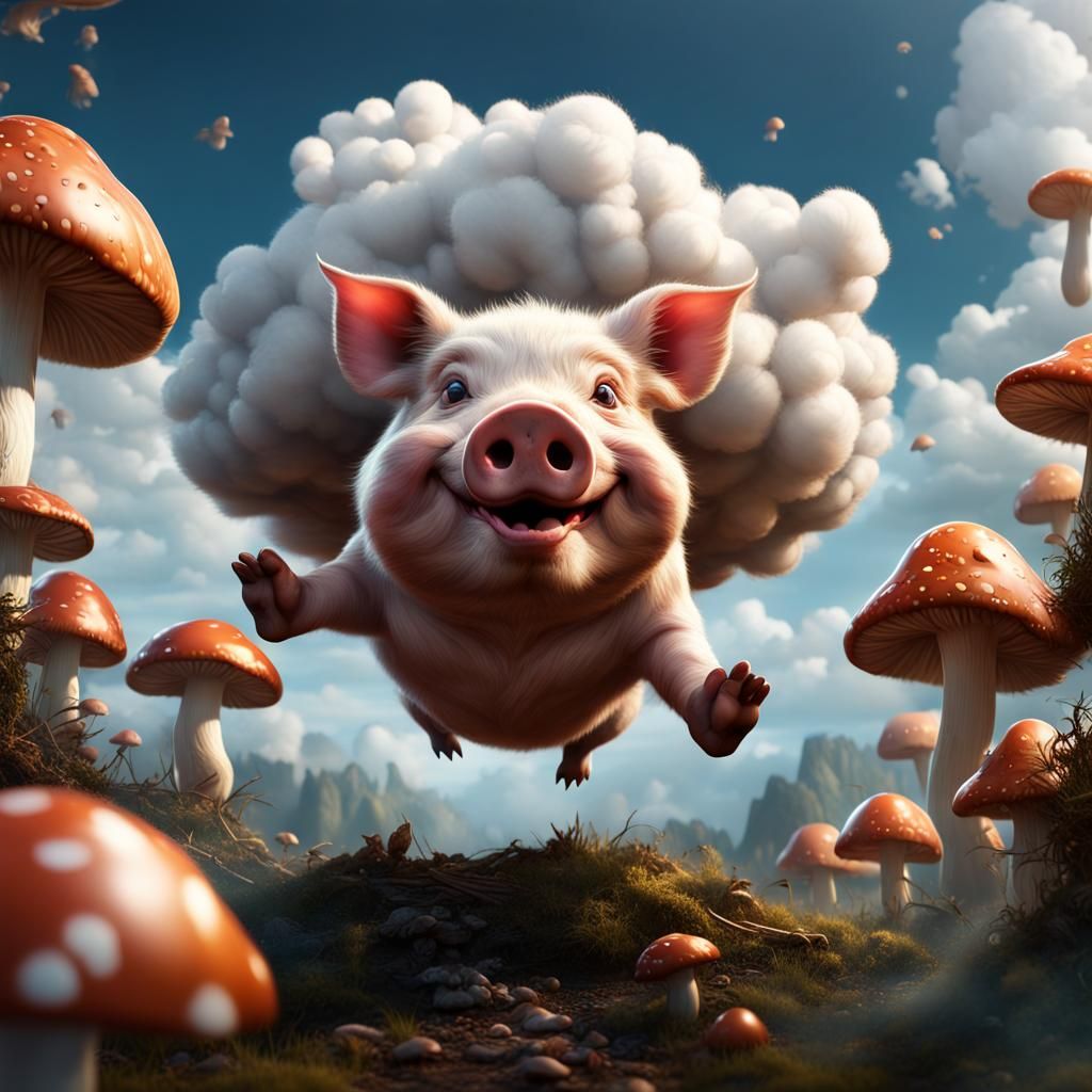 Fluffy pig bouncing on a cloud of mushrooms