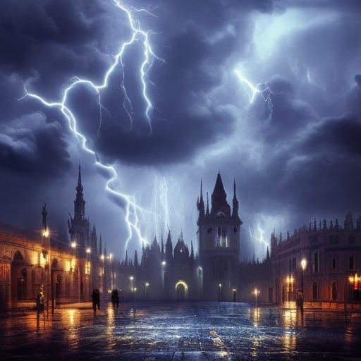 Gothic City Night Thunderstorm: Digital Matte Painting