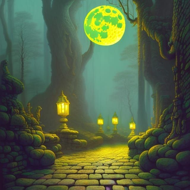 Surreal Stone Heads and Moonlit Path in Yerka Style