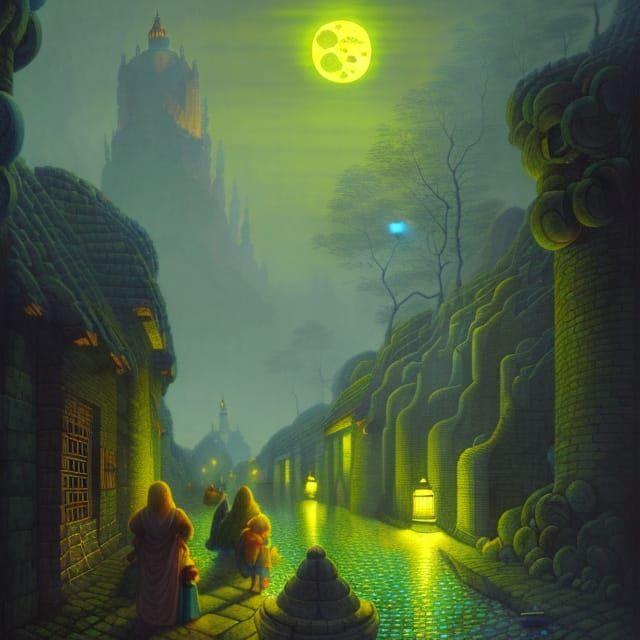 Surreal Stone Heads and Moon Lanterns, Digital Art