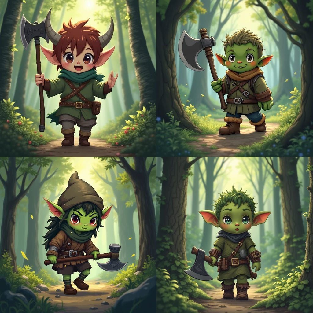 Cute Anime Orc Child with Axe in Forest