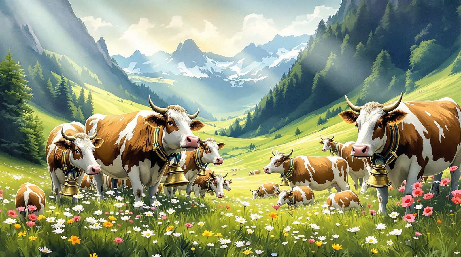 Swiss Alps Cows With Ornate Bells Grazing in Sunlit Valley