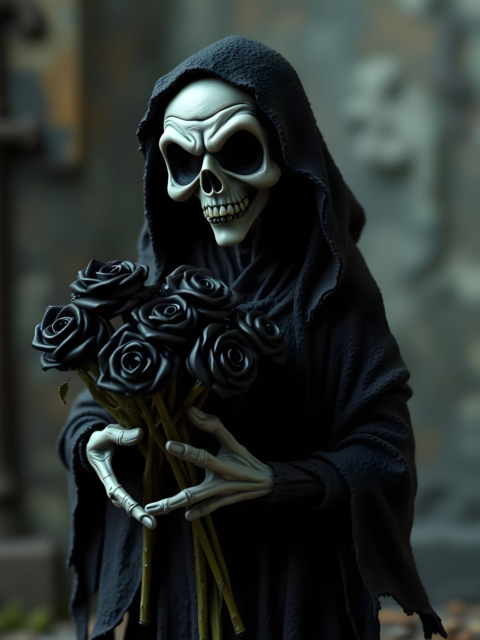 Claymation Grim Reaper with Black Roses