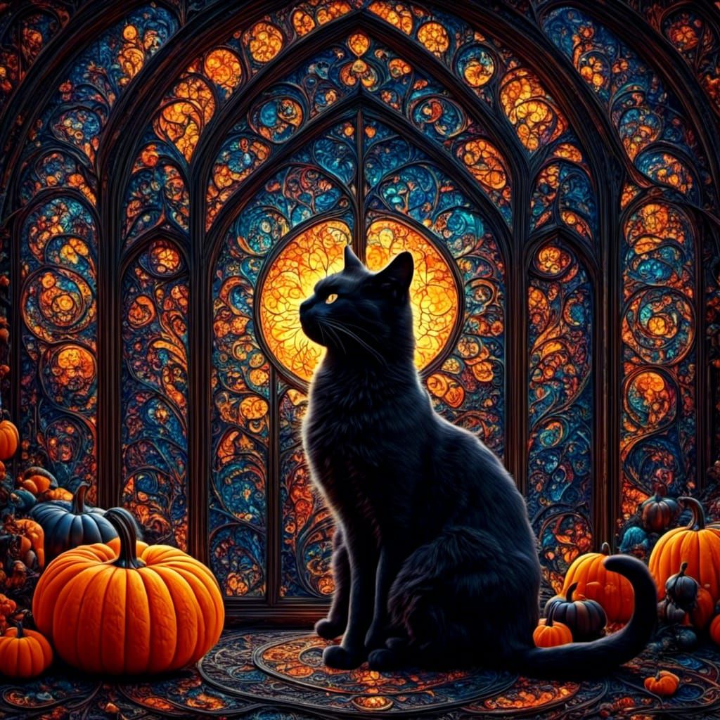 Witch and Black Cat in Fractal Dark Fantasy Art