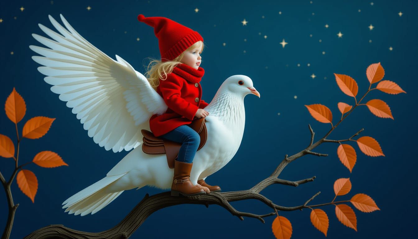 Child Rides Dove Through Starry Sky in Dreamlike Realism