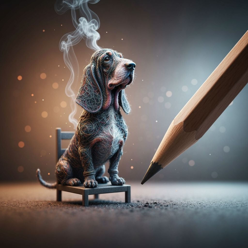 Basset Hound Emerge From Pencil Drawing, Smoke & Wire