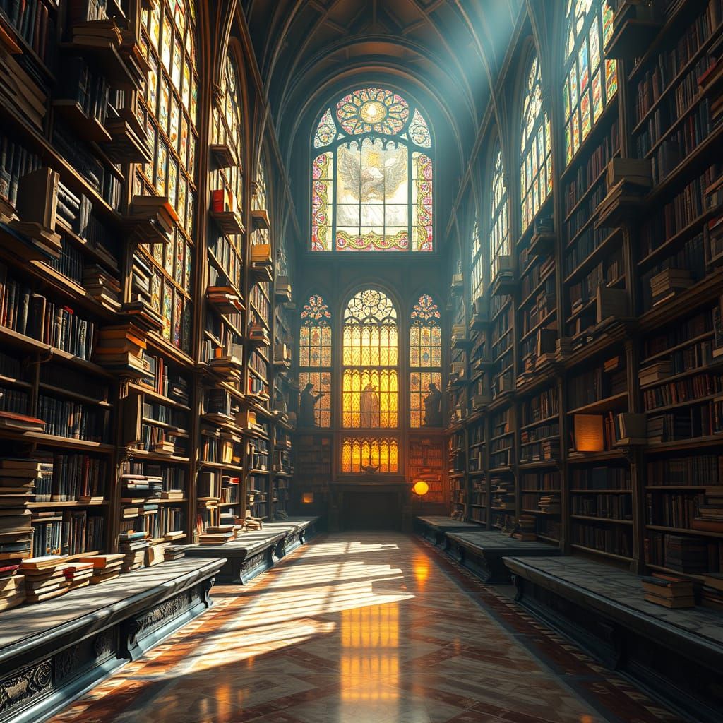Surreal Library of Ancient Knowledge in Golden Hour