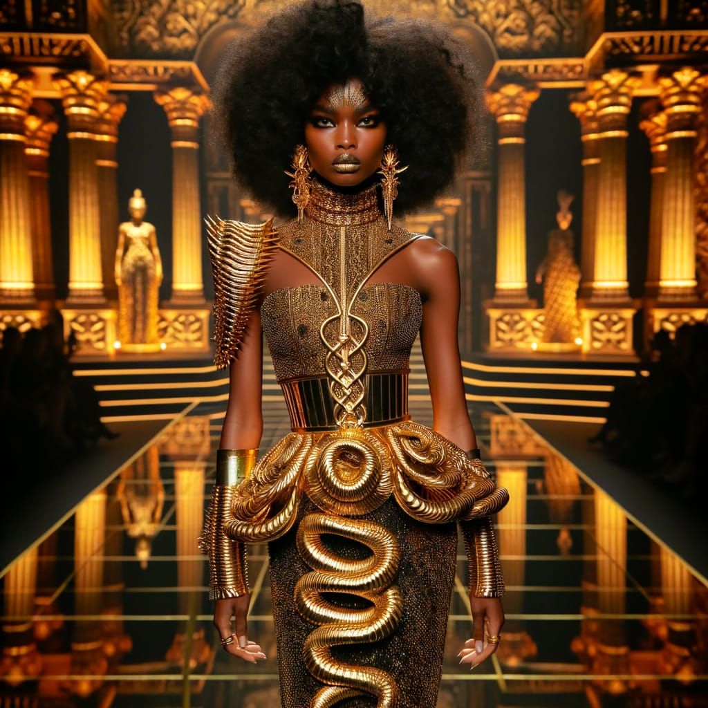 Golden Runway: Regal Model in Couture Fashion