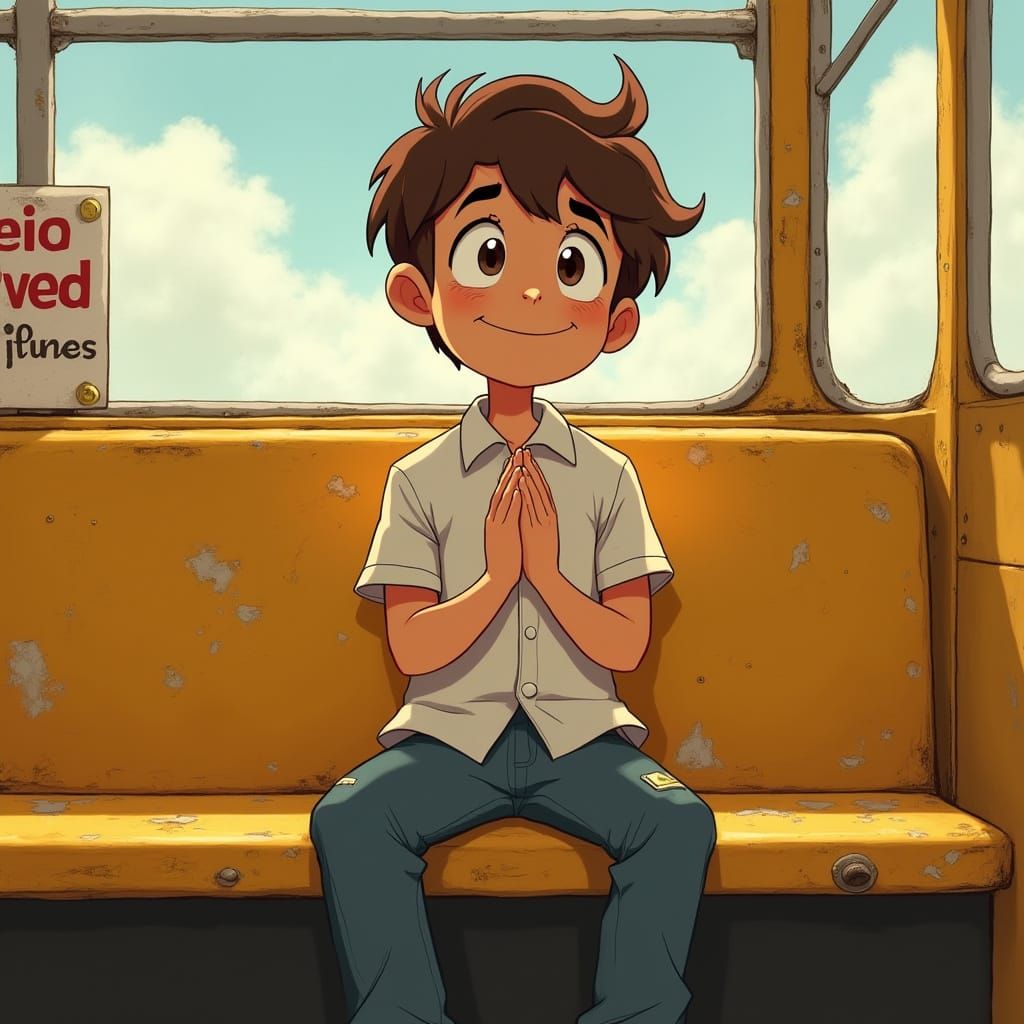 Hopeful Young Boy Prays on a Classic Yellow School Bus