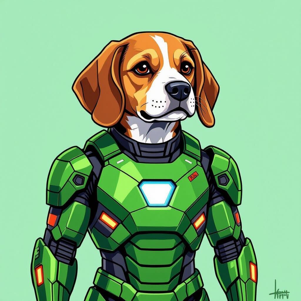Beagle in Green Ironman Suit, Pixel Art Style