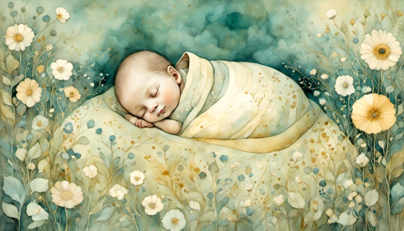 Infant in Watercolor Style with Floral Accents