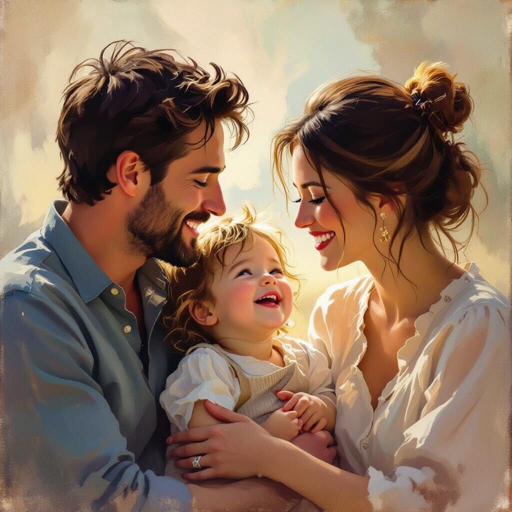 Joyful Family Moment in Impressionistic Style