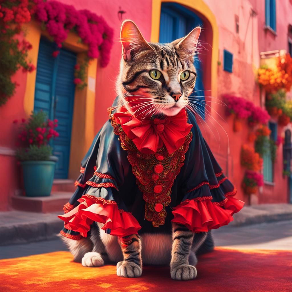 Flamenco Cat in Spanish Town: Hyperrealistic Art