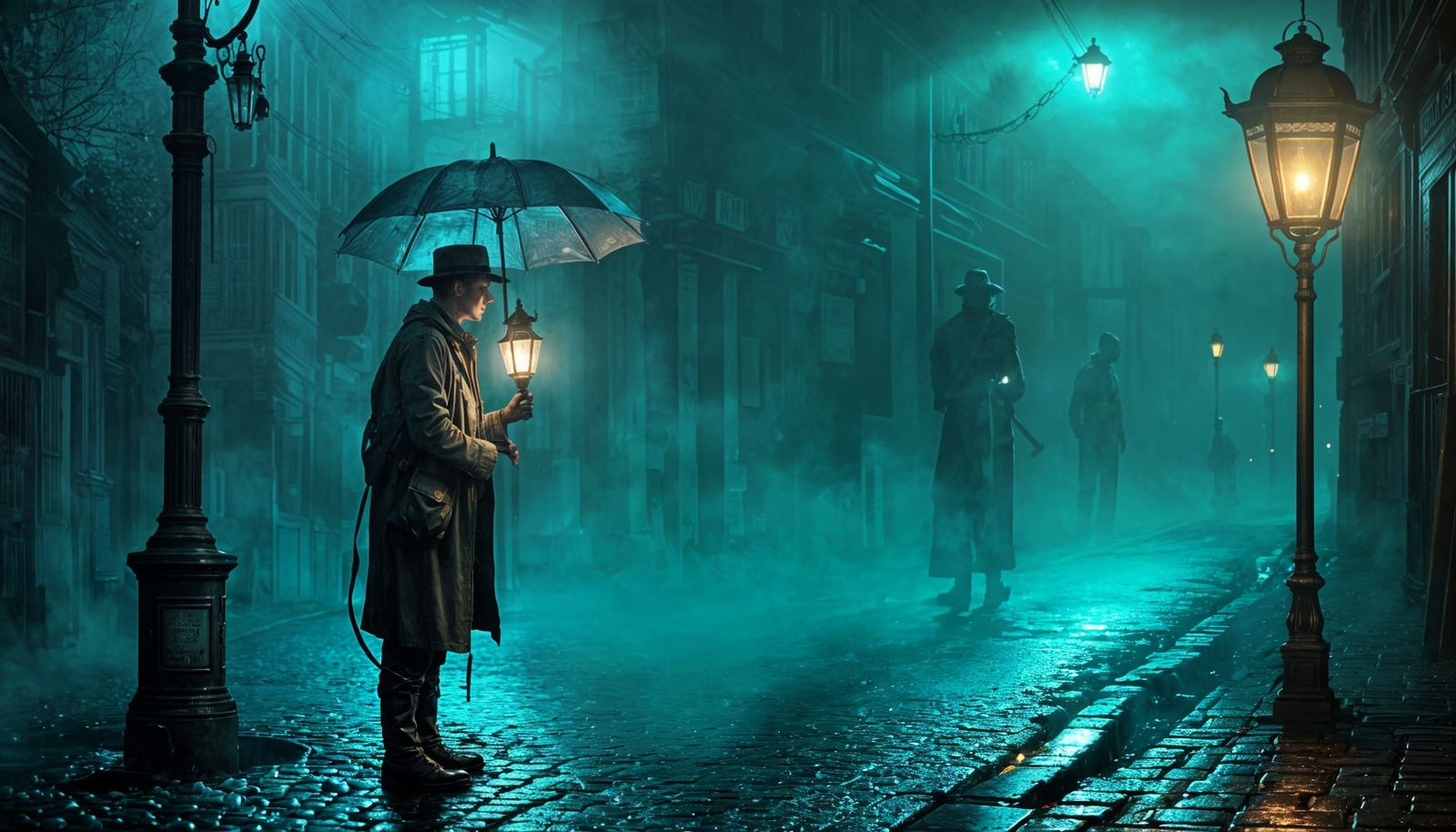 Eerie Silhouette in Dystopian Underworld with Lantern