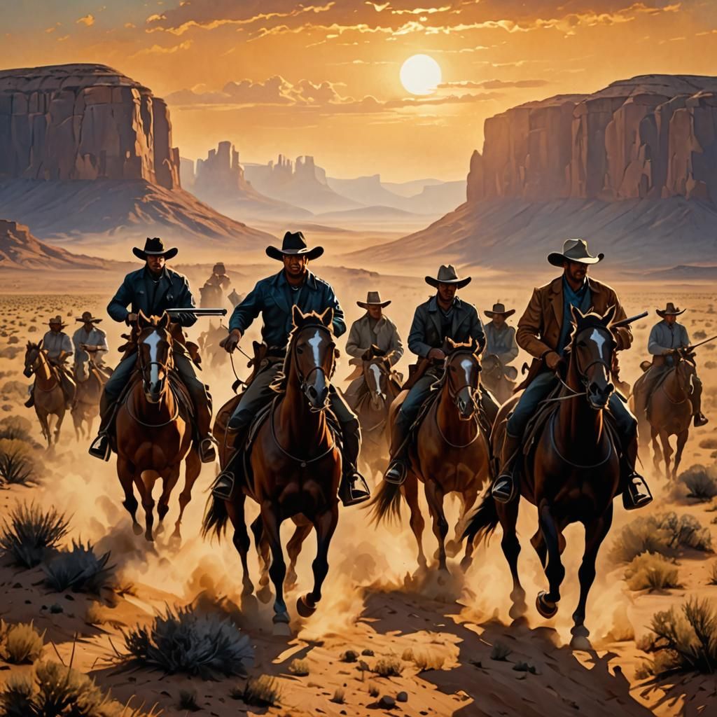 Cybernetic Cowboys Galloping at Sunset: Oil Painting Style