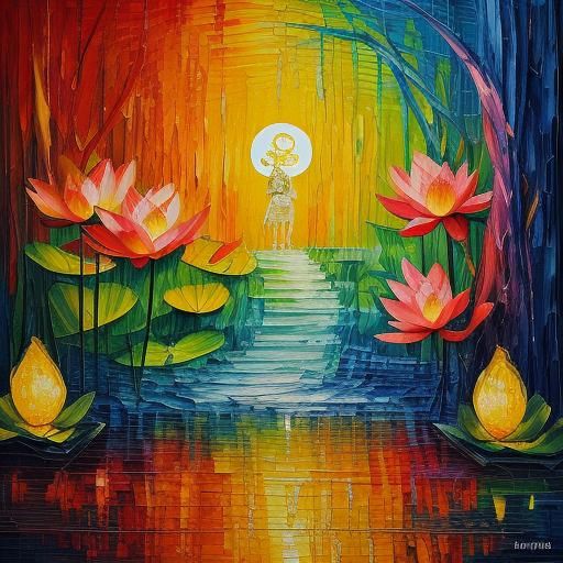 Zen Master Meditating in Underworld as Oil Painting