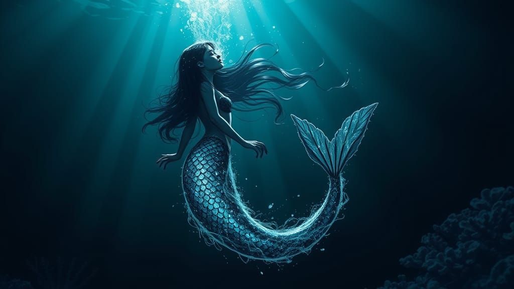 Mysterious Dark Mermaid in a Bioluminescent Reef