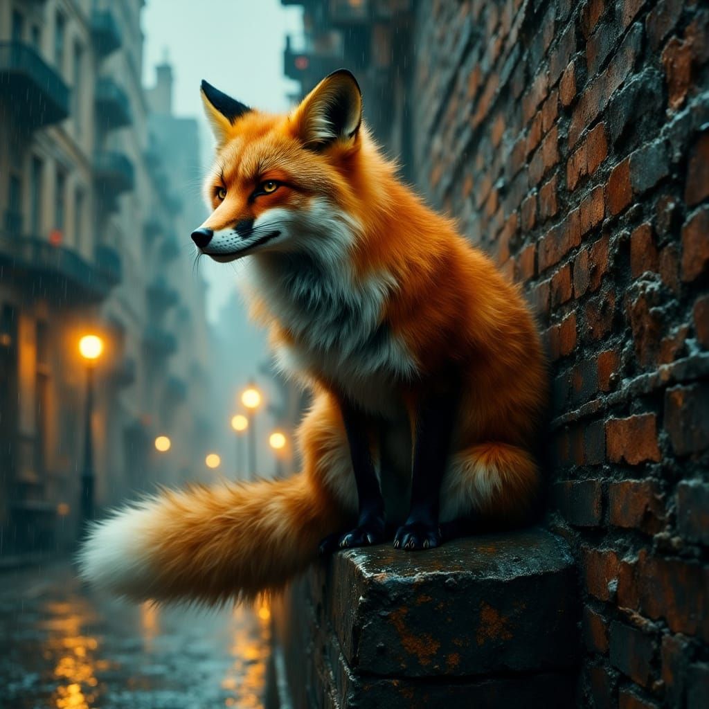 Urban Fox Balances on Wall in Rain